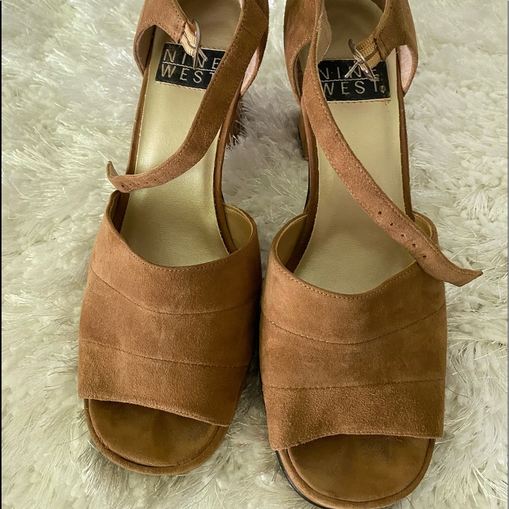 Nine West Tan Suede Open Toe Platform Shoes